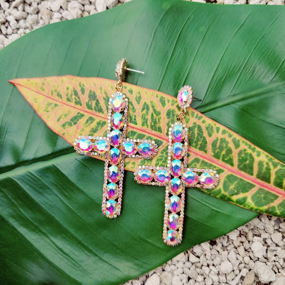 Dangle cross shape earrings with glass rhinestone.